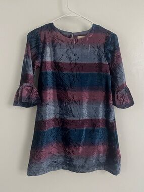 Peek Velvet Shift Dress in Blue and Purple with Bell Sleeves Shiny